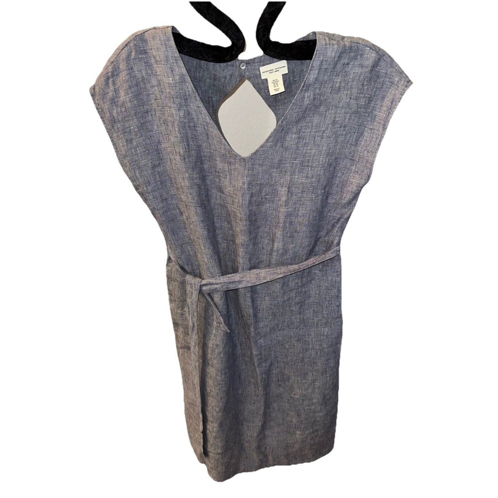 Adrienne Vittadini Blue 100% Linen Dress Lagenlook Key Hole Back Midi Sm 4 6